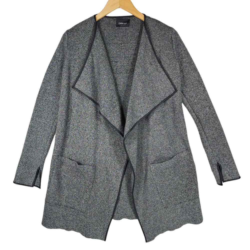 Zara S Womens Cardigan Sweater Gray Black Oversized Open Front Faux Leather